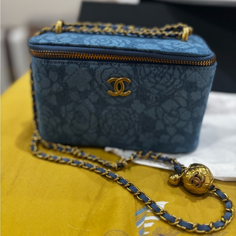 Chanel Makeup line Blue Floral Denim Shoulder Bag with Gold Accents
